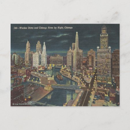 Vintage Chicago Night Skyline Postcard