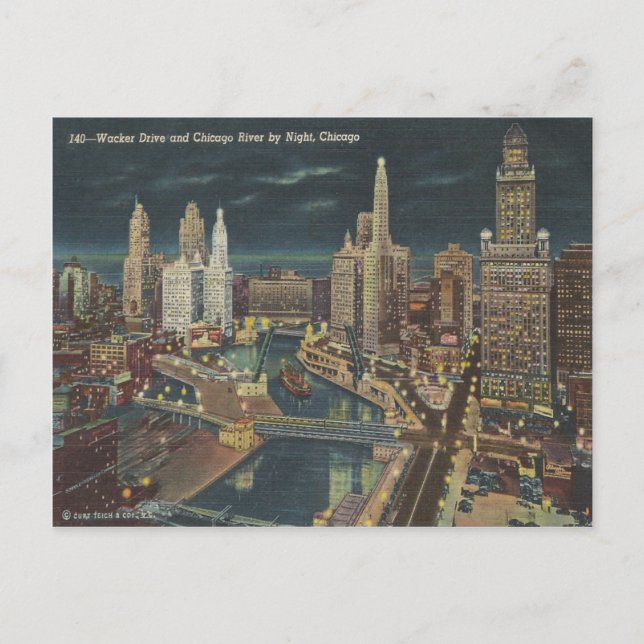 Vintage Chicago Night Skyline Postcard (Front)