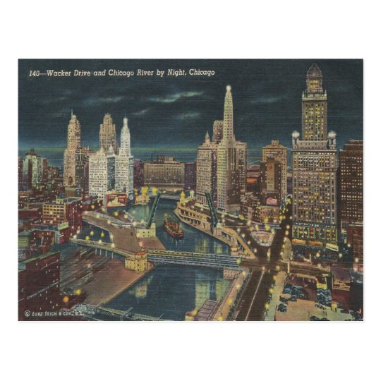 Vintage Chicago Night Skyline Postcard | Zazzle.com