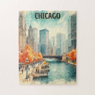 Vintage Chicago Riverwalk in Autumn Puzzle