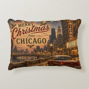 Vintage Chicago Route 66 Christmas City Lights Accent Pillow