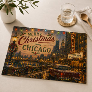 Vintage Chicago Route 66 Christmas City Lights Cloth Placemat