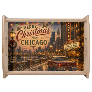 Vintage Chicago Route 66 Christmas City Lights Serving Tray