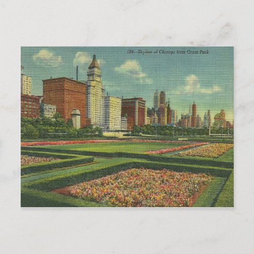 Vintage Chicago Skyline Grant Park Illinois Postcard