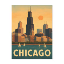 Vintage Chicago skyline, lake Michigan sailboat