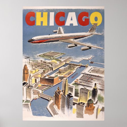 Vintage Chicago USA Air Travel Advertisement Poster