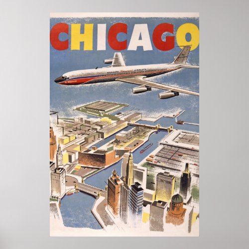 Vintage Chicago USA Air Travel Advertisement Poster