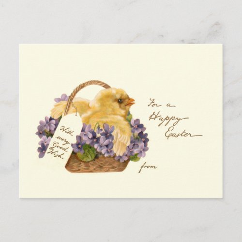 Vintage Chick Easter Basket and Violets Postcard