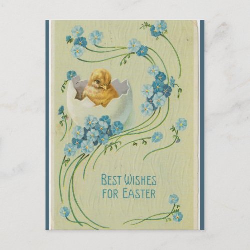 Vintage Chick in Egg Blue Flower Swirl Easter Postcard