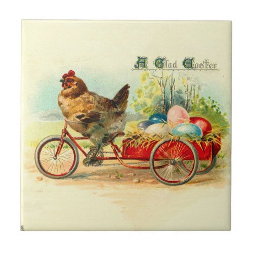 Vintage chick on bicycle Easter Ceramic Tile