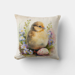 Vintage Chick with egg and flowers Throw Pillow