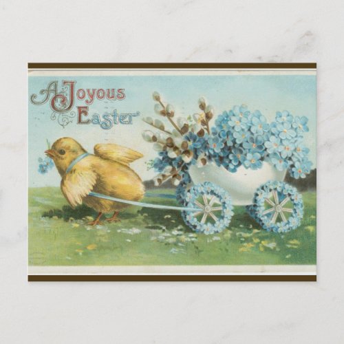 Vintage Chick With Flower Wheels Easter Postcard
