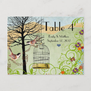Vintage Chickadee Birdcage Wedding Number Card