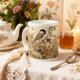 Vintage Chickadee Cottagecore Woodland Bird Giant Coffee Mug