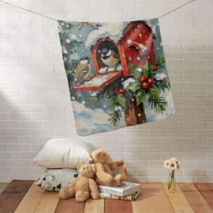 Vintage Chickadees on Snowy Christmas Mailbox Baby Blanket