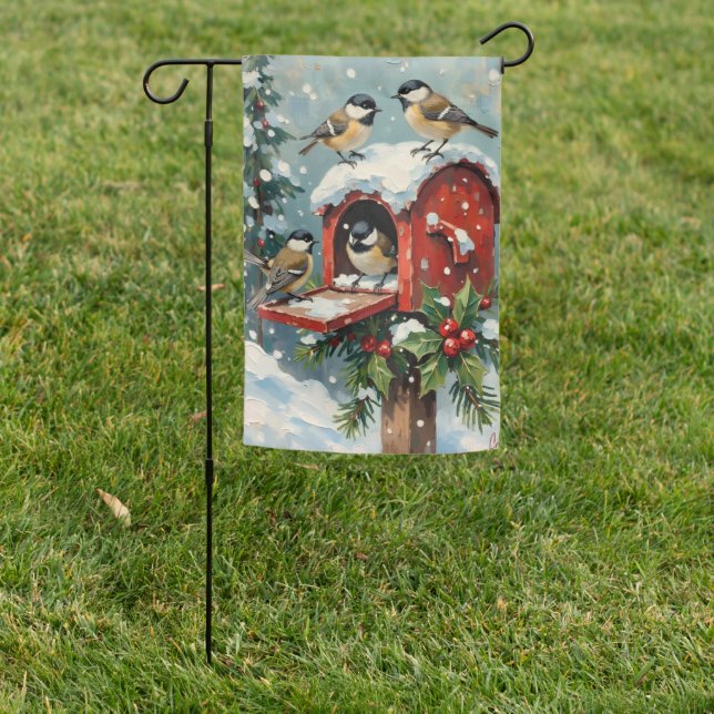 Vintage Chickadees on Snowy Christmas Mailbox Garden Flag (In SItu)
