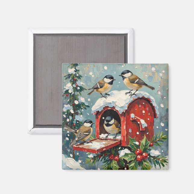 Vintage Chickadees on Snowy Christmas Mailbox Magnet (Front/Back)