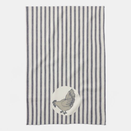 Vintage Chicken And Ticking Striped Kitchen Towel