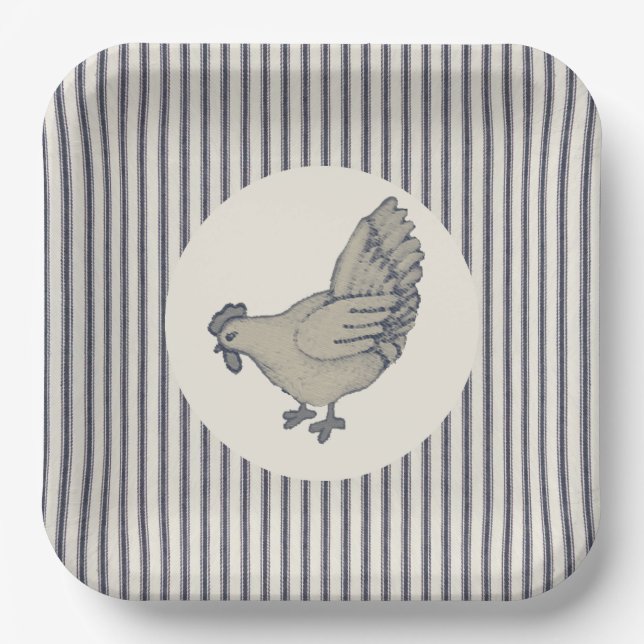 Vintage Chicken And Ticking Striped  Paper Plates (Front)