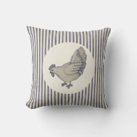 Vintage Chicken and Ticking Striped Throw Pillow