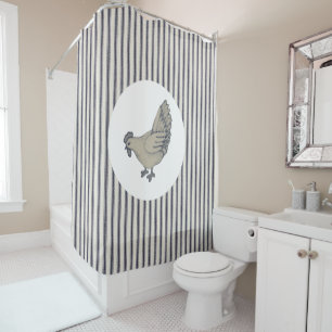 Vintage Chicken And Ticking Stripes Shower Curtain