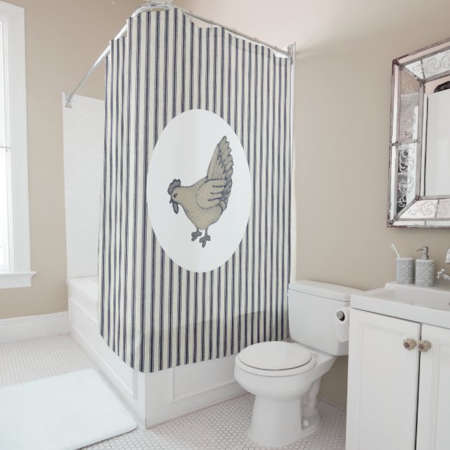Vintage Chicken And Ticking Stripes Shower Curtain (In Situ)