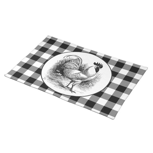 Vintage Chicken black white check placemat cloth (On Table)