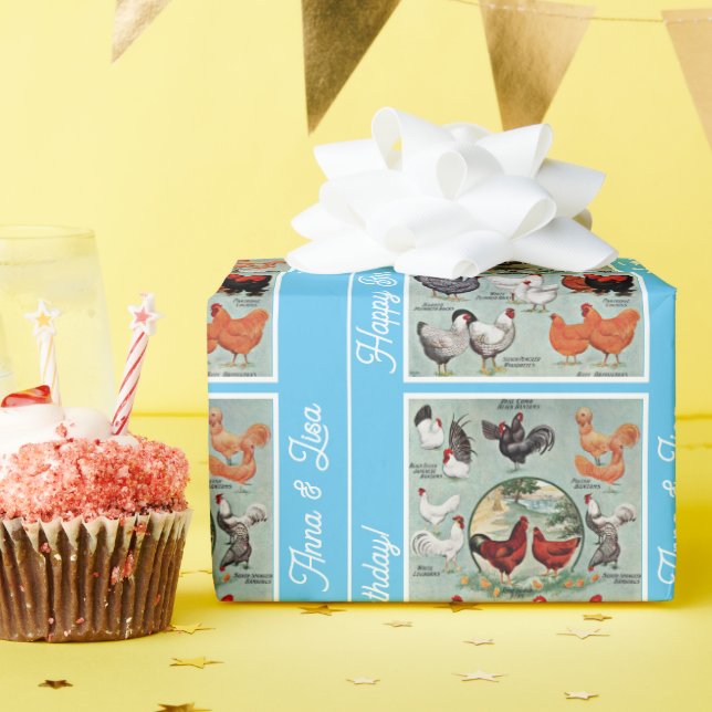 Vintage Chicken Breeds Pattern Birthday Wrapping Paper (Birthday Party)