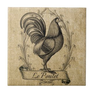 Vintage Chicken Burlap Ceramic Tile