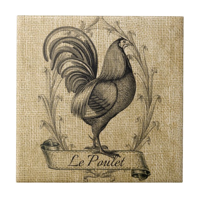 Vintage Chicken Burlap Ceramic Tile (Front)