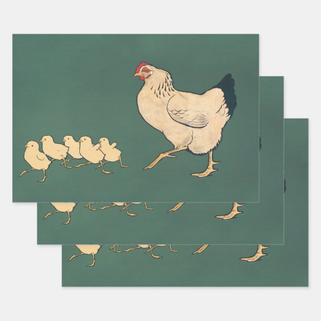 Vintage Chicken Decoupage Rooster Rustic Wrapping Paper Sheets (Set)
