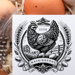 Vintage Chicken, Eggs & Family Name Monogram Farm Rubber Stamp<br><div class="desc">This classic vintage style design features a chicken, eggs, farmhouse, fields, trees and a wreath made of wheat sheaves. It's simple to customize - just three fields: your monogram, the year and your family name. The monogram appears in the ornate crest above the chicken who is looking right to the...</div>