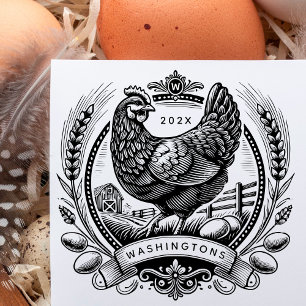 Vintage Chicken, Eggs & Family Name Monogram Farm Rubber Stamp