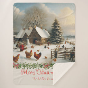 Vintage Chicken Farm Christmas Personalized Sherpa Blanket