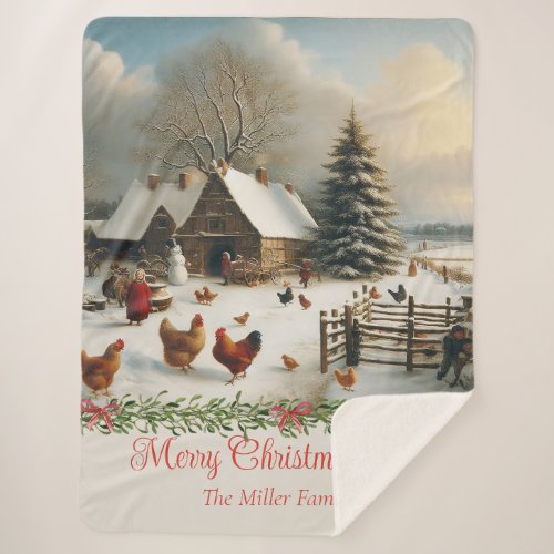  Vintage Chicken Farm Christmas Personalized Sherpa Blanket