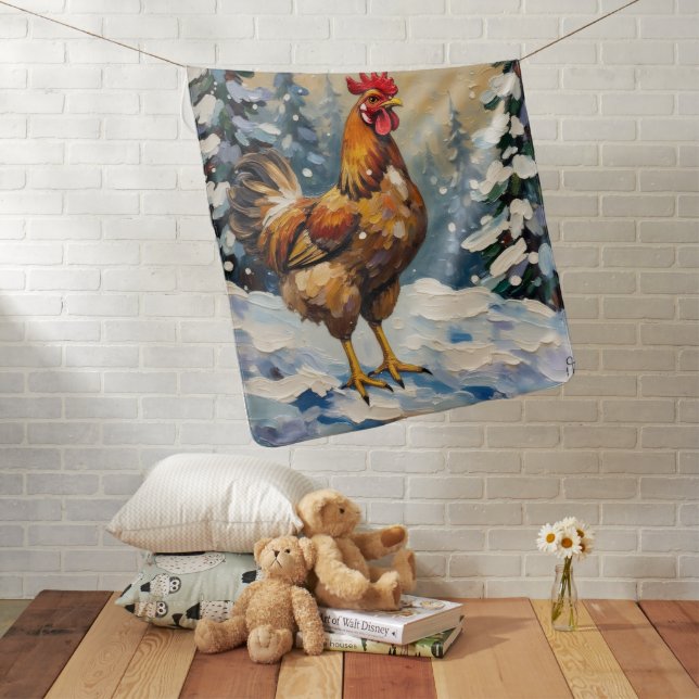 Vintage Chicken in Snowy Christmas Wonderland Baby Blanket (In Situ)
