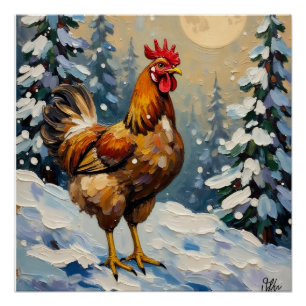 Vintage Chicken in Snowy Christmas Wonderland Poster