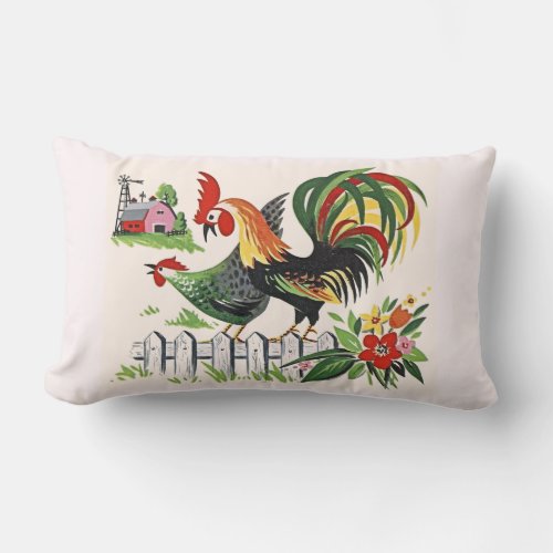Vintage Chicken Print Rooster and Hen on the Farm Lumbar Pillow