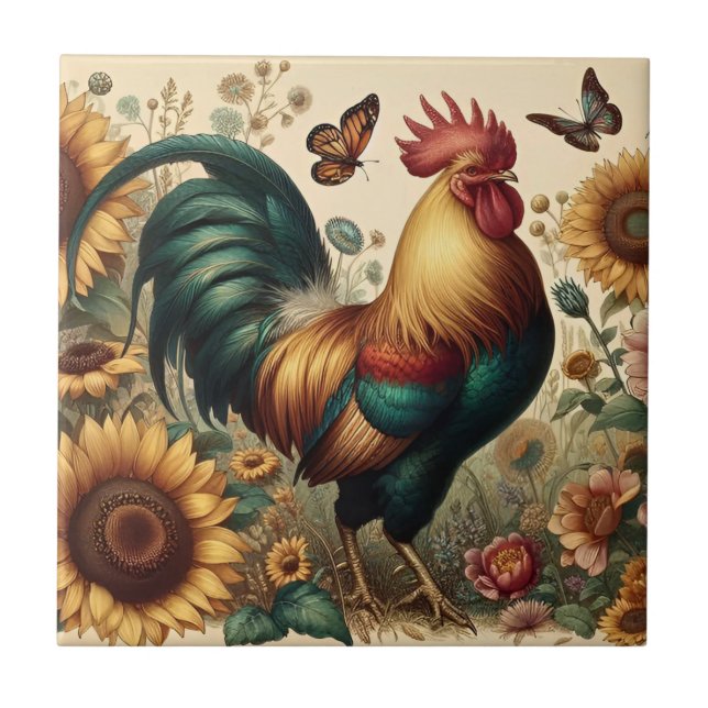 Vintage Chicken Rooster Aesthetic and Wildflower Ceramic Tile (Front)