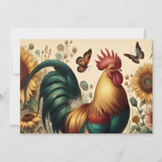 Vintage Chicken Rooster Aesthetic and Wildflower Invitation