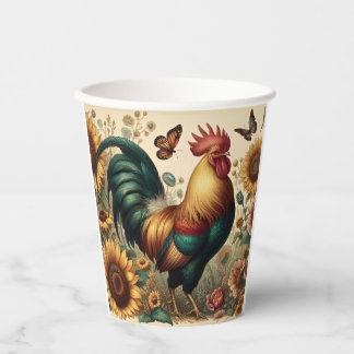 Vintage Chicken Rooster Aesthetic and Wildflower Paper Cups