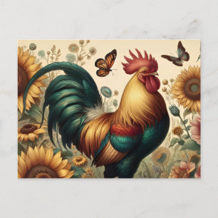 Vintage Chicken Rooster Aesthetic and Wildflower Postcard