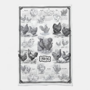 Vintage Chickens 2026 Calendar Kitchen Towel