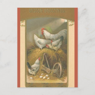 Vintage Chickens on Hay Easter Postcard