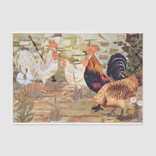 Vintage Chickens Rooster Decoupage Tissue Paper (Front)