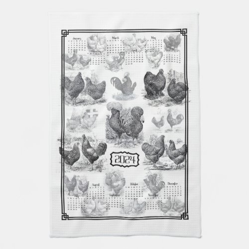 Vintage Chickens Toile Full Year 2024 Calendar Kitchen Towel