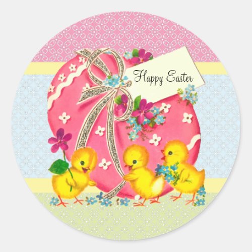 Vintage Chicks and Pink Easter Egg Custom Message Classic Round Sticker