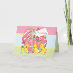 Vintage Chicks and Pink Easter Egg Custom Message Holiday Card