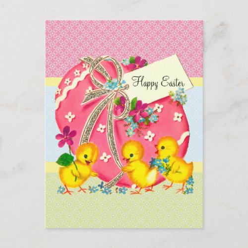 Vintage Chicks and Pink Easter Egg Custom Message Holiday Postcard