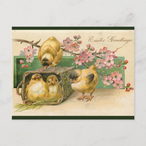 Vintage Chicks in a Basket and Pink Flowers Easter Postcard